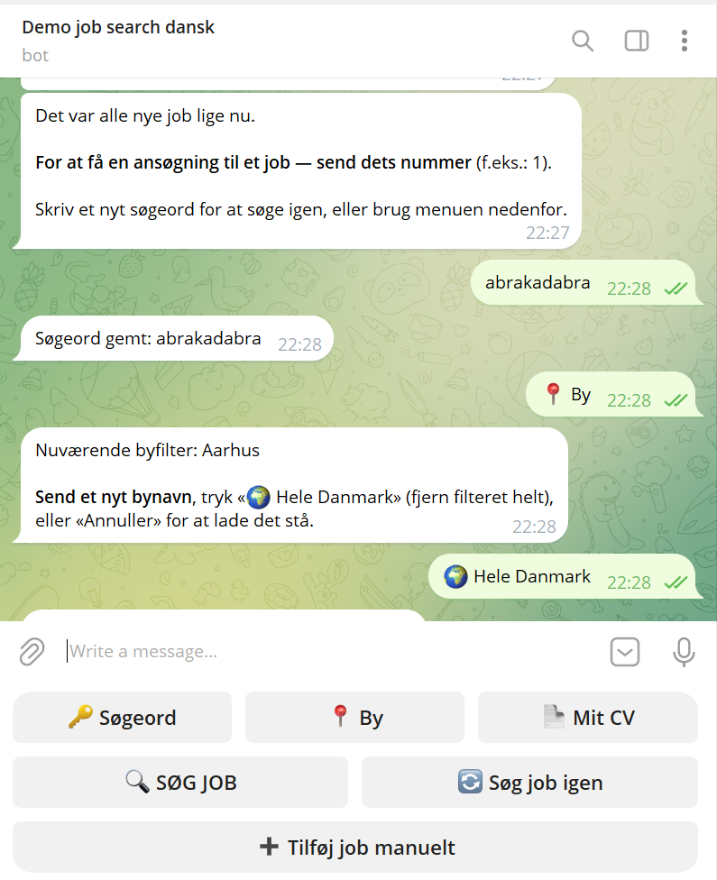 Skærmbillede: søgeordet 'abrakadabra' skrives direkte efter «Hvad nu?», i stedet for at trykke Vis listen igen