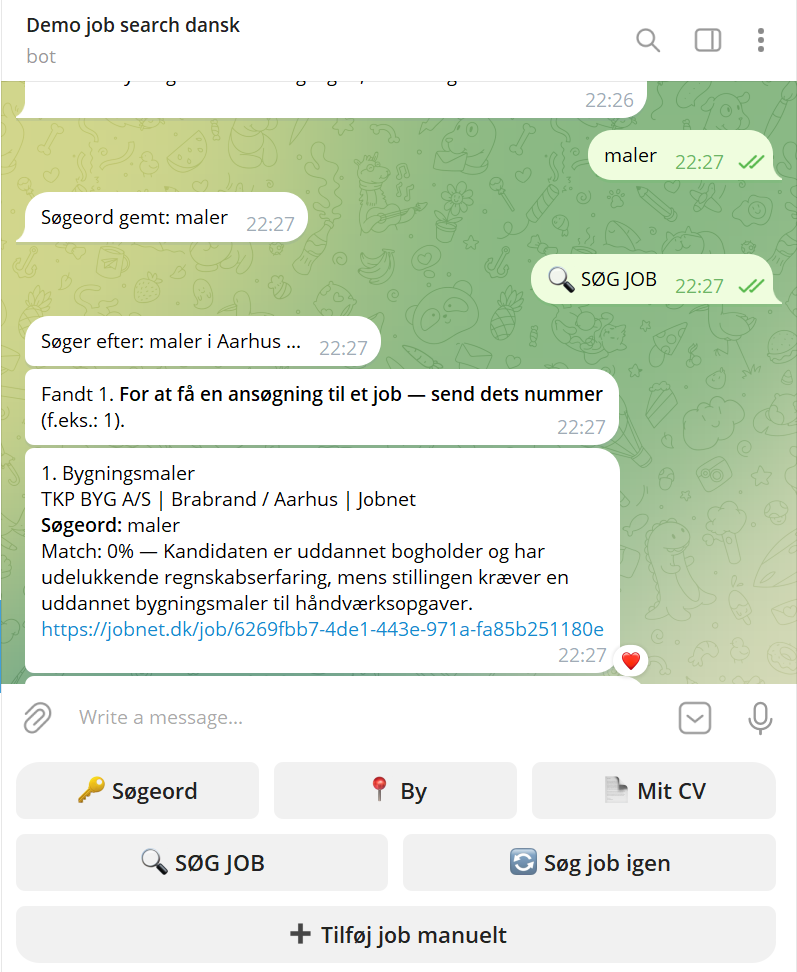 Eksempel på intet match: bogholder-CV mod bygningsmaler-stilling, 0%