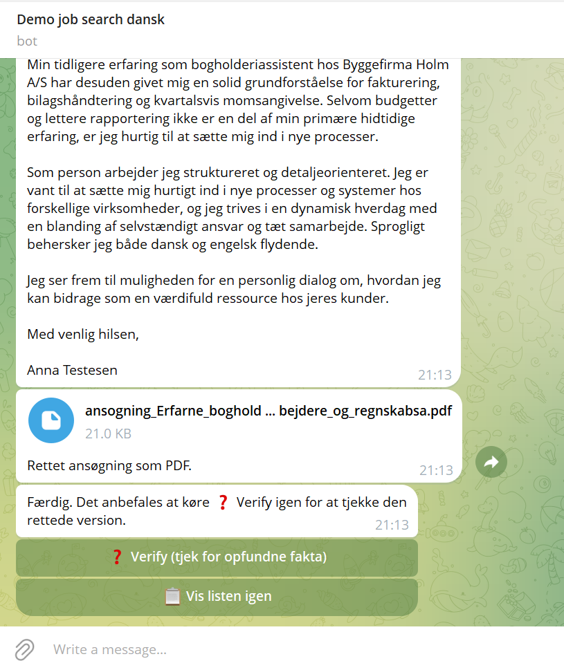Rettet ansøgning leveret som PDF efter at have trykket på Ret baseret på Verify