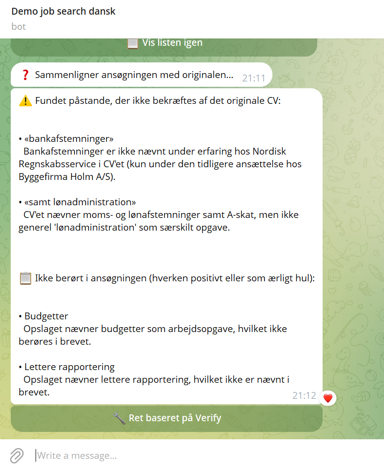 Verify-resultat: fundet en påstand, der ikke bekræftes af CV'et, og et krav, der ikke er berørt